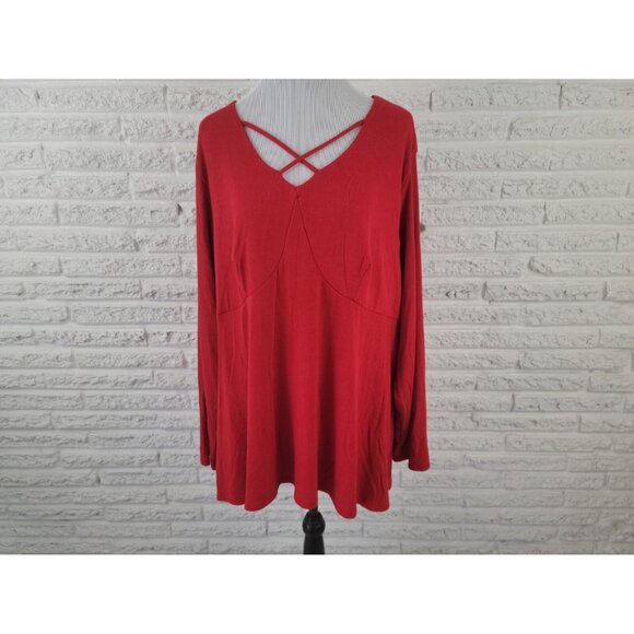Avenue Womens Top 26 28 Plus Long Sleeve Criss Cross Neck Knit Red Office RED49E - Picture 1 of 9